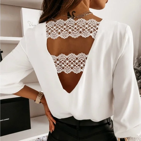 White Low Back V Neck Lace Trim Blouse Large - Picture 3 of 3